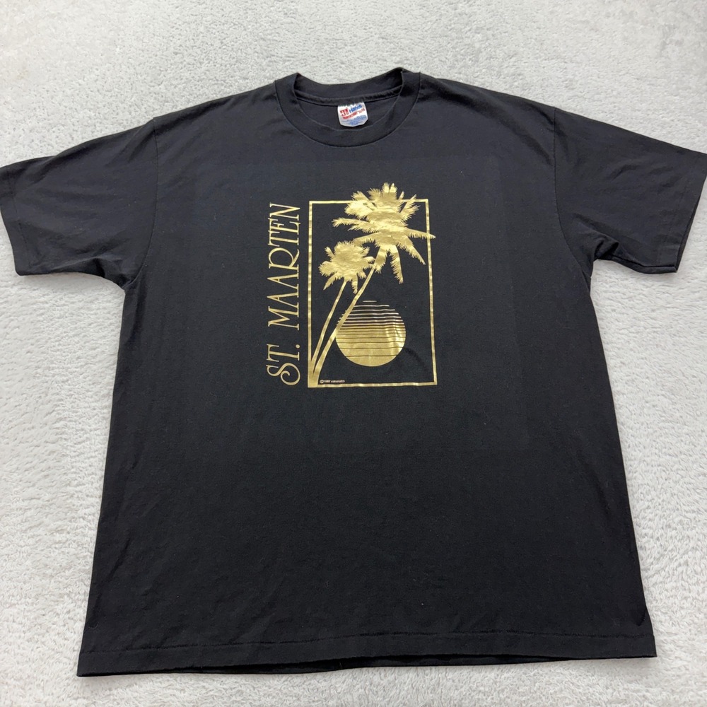 Vintage 1987 Hanes Heavyweight St Maarten Palm Tree T Shirt Mens XL Black Gold‎